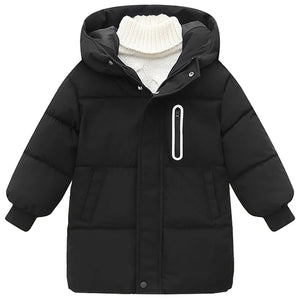 Black puffer jacket with a hood on a white background