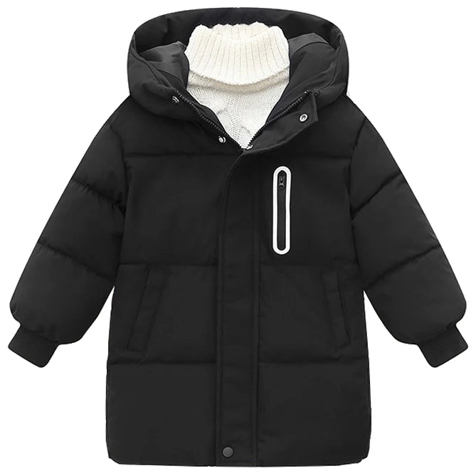 Black puffer jacket with a hood on a white background