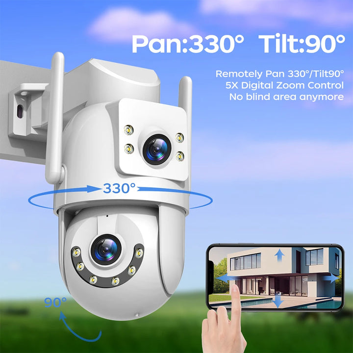 Outdoor security camera with pan and tilt features, showing a smartphone app interface.