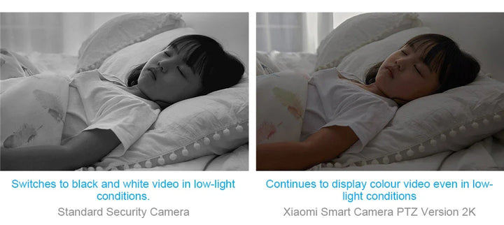 Comparison of video quality between a standard security camera and Xiaomi Smart Camera PTZ Version 2K in low-light conditions.