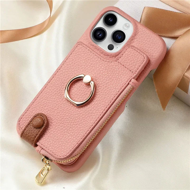 Luxury leather zipper wallet iPhone case with card holder and full protection, fits iPhone 11, 12, 13, 14, 15, and 16 Pro Max.