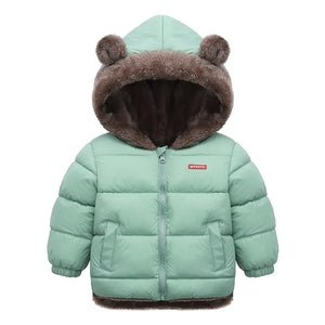 Children's puffer jacket with bear ears and brown fur hood on a white background