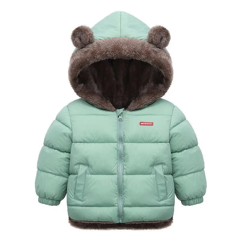 Children's puffer jacket with bear ears and brown fur hood on a white background