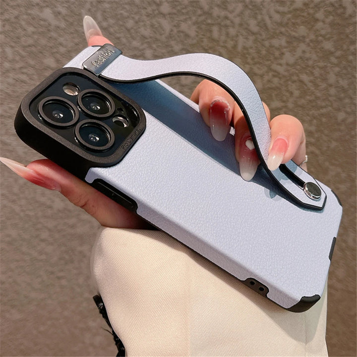 Luxury leather wrist strap stand iPhone case with full protection, fits iPhone 11, 12, 13, 14, 15, and 16 Pro Max & Plus.