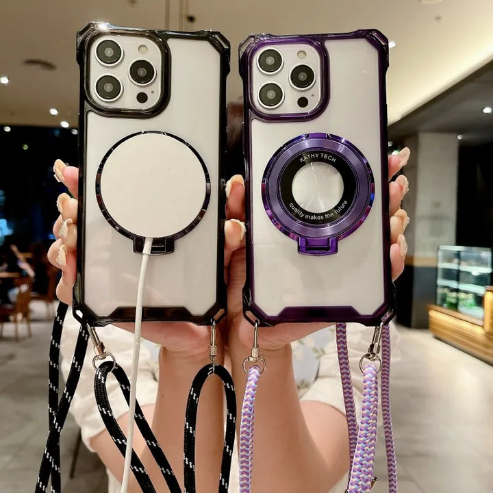 Magnetic Lanyard Strap Case with Stand for Samsung Galaxy S20-S24 Ultra, Transparent Crossbody Design