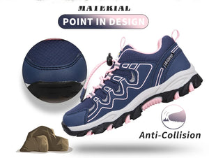 Blue and pink sneaker with anti-collision feature, material point in design text, and rock illustration on a white background.