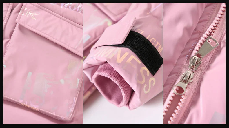 Collage of pink jacket details including pocket, sleeve, and zipper.