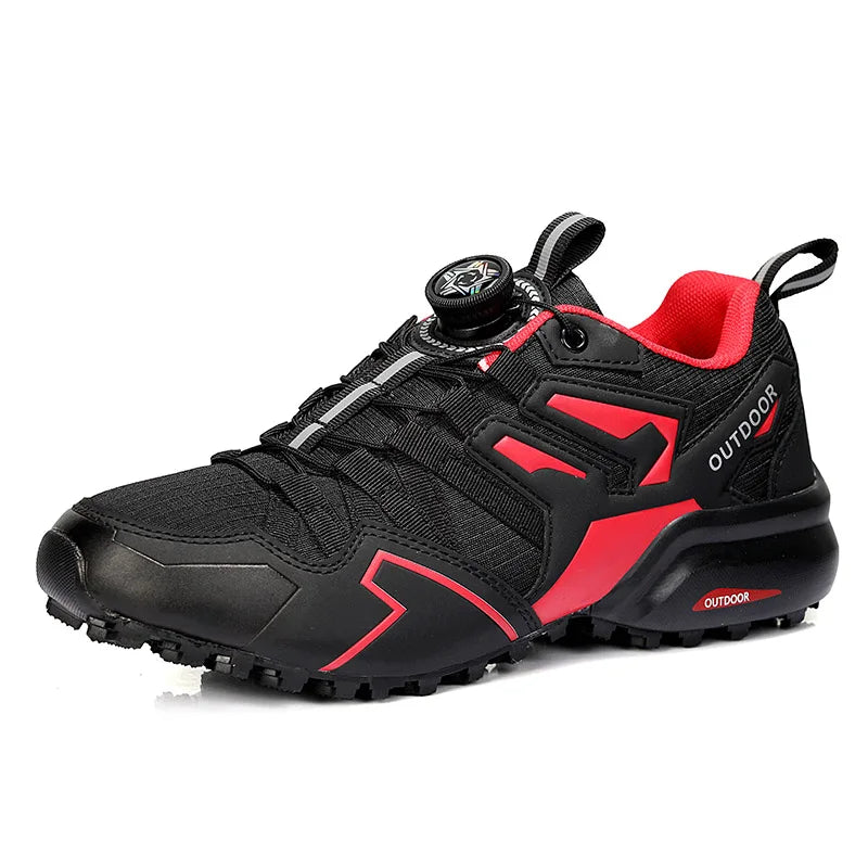 Black and red outdoor sneaker on a white background