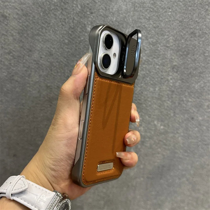 Armor Leather Case for iPhone 12 13 14 15 16 with Lens Bracket