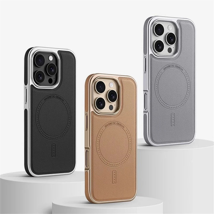 Luxury leather magnetic iPhone case with MagSafe compatibility, durable protection, fits iPhone 11, 12, 13, 14, 15, and 16 Pro Max.