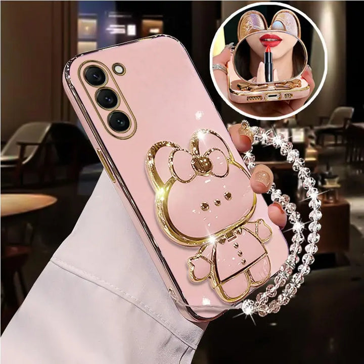 Diamond Strap Mirror Rabbit Holder Case for Samsung S24 S23 S22 Ultra Plus