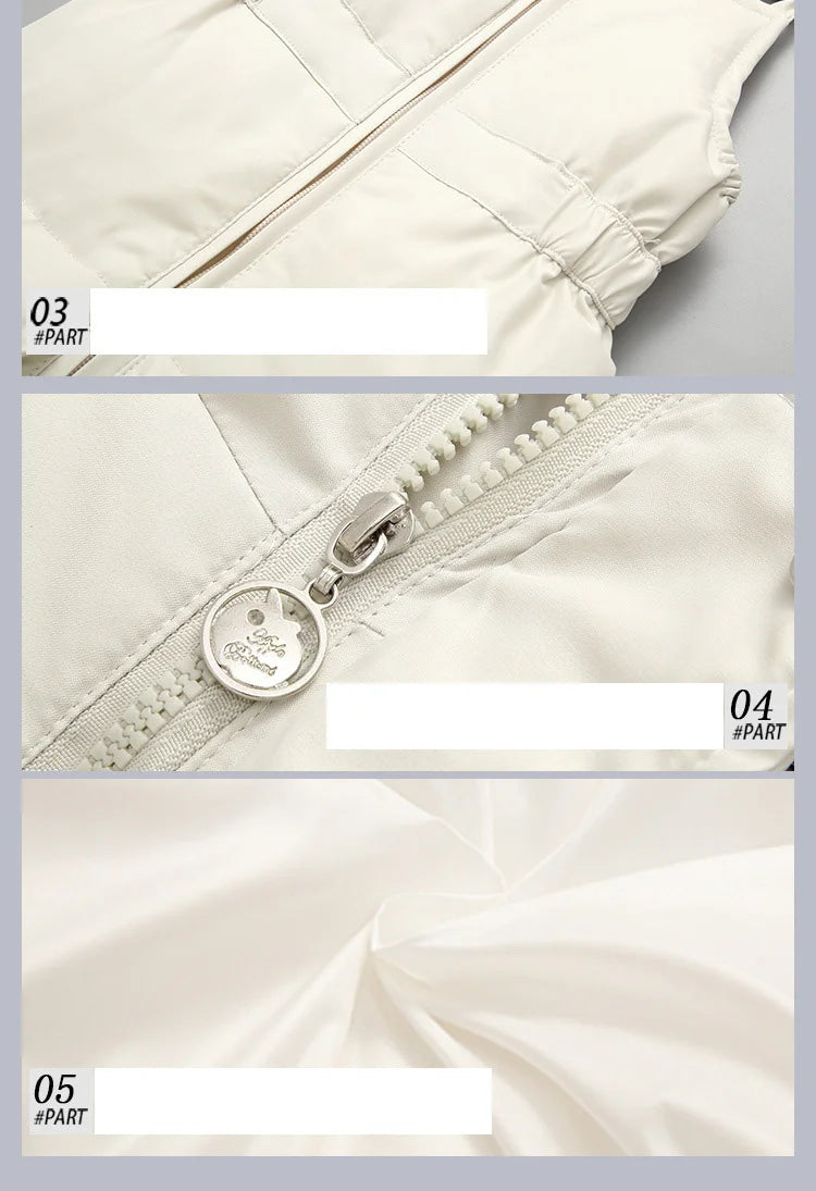 Close-up of a white quilted jacket with zipper details on a gray background