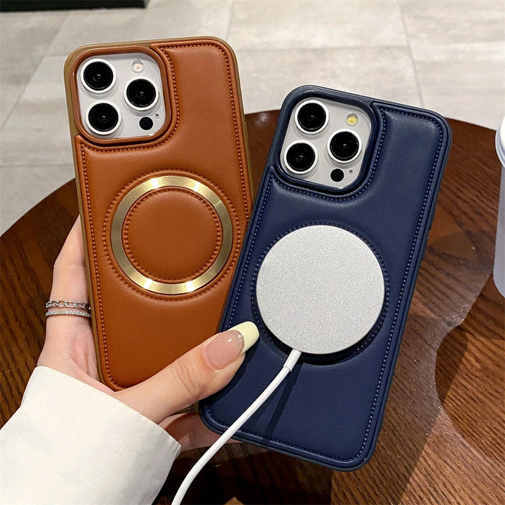 Magnetic Leather Phone Case for iPhone 16/15/14 Pro Max with sleek design and premium finish