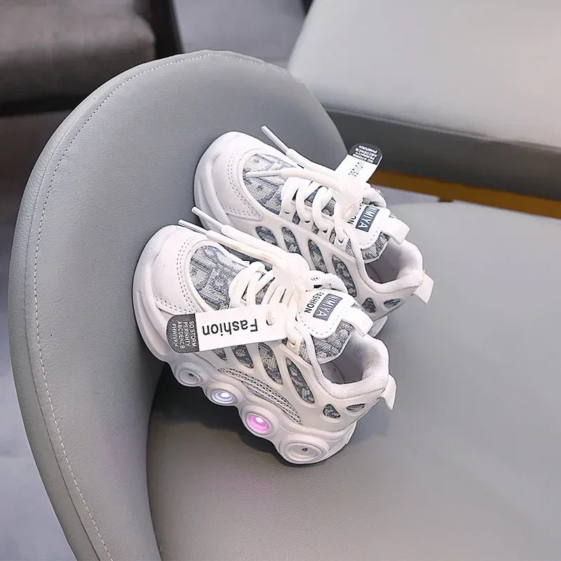 White sneakers with text labels on a gray chair