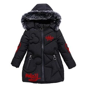 Black children's winter coat with red designs on a white background