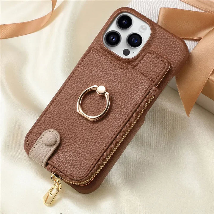 Luxury leather zipper wallet iPhone case with card holder and full protection, fits iPhone 11, 12, 13, 14, 15, and 16 Pro Max.