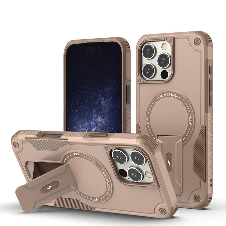 Military Shockproof Magnetic Case with Kickstand for iPhone 11–16 – Rugged Armor with Foldable Holder – Black, Green, Gold, Pink