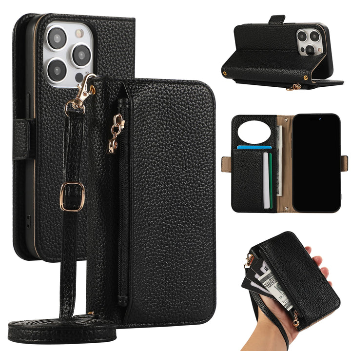 Crossbody Zipper Wallet Case with Card Holder for iPhone 16/15/14/13/12/11 Pro Max, Leather Cover