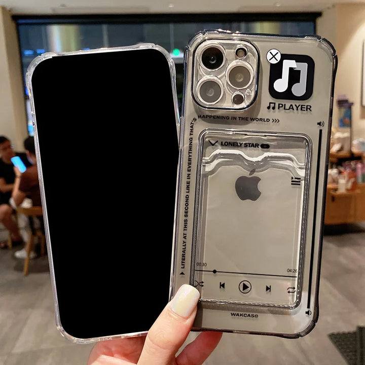 Transparent wallet card holder soft case for iPhone with card slots and shockproof protection.