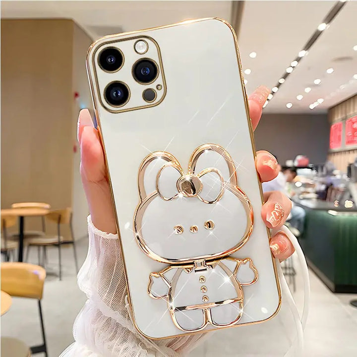 Mirror Rabbit Strap Plating Case for iPhone 14 13 12 11 Pro Max - Glossy, Anti-Scratch, Dustproof with Lanyard