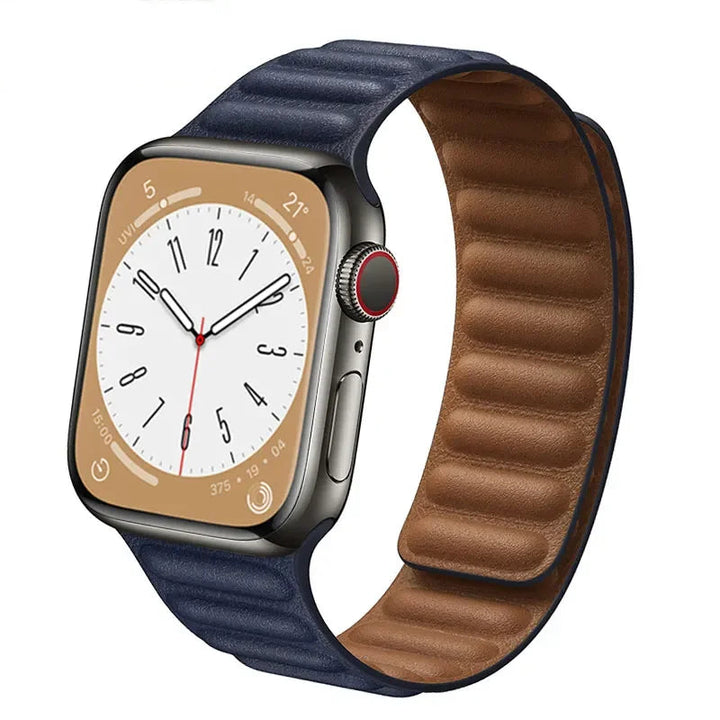 Stylish genuine leather Apple Watch band with magnetic loop closure, available in multiple colors.