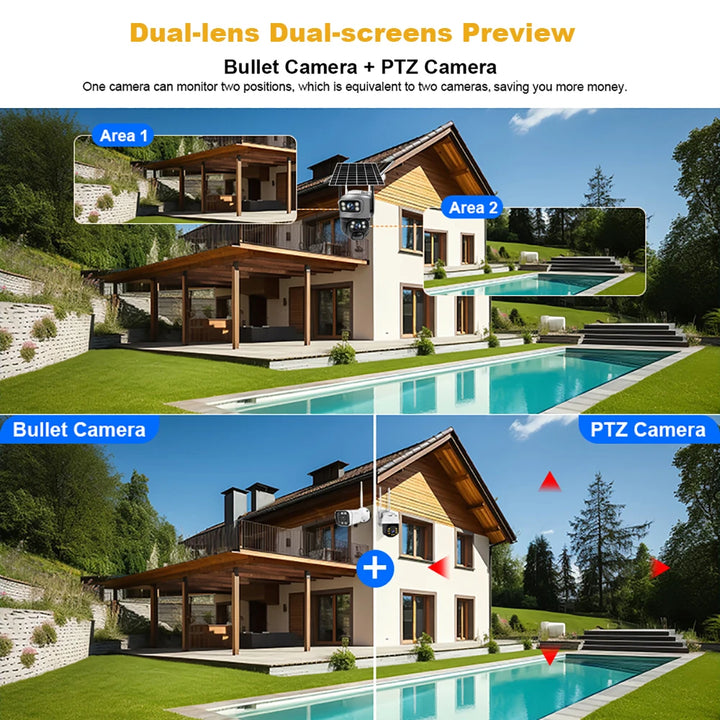 Dual-lens dual-screens preview of a house with bullet camera and PTZ camera views.