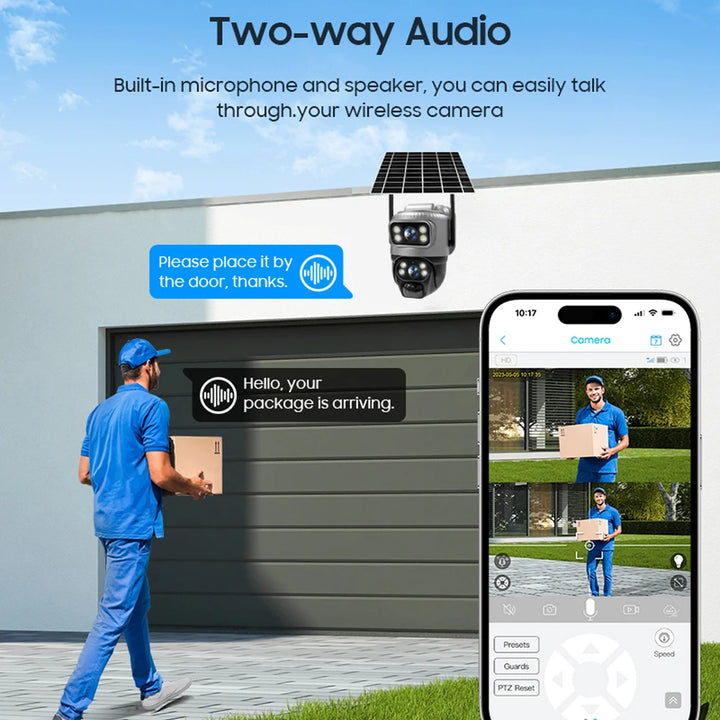 Smart home security system with two-way audio and package delivery notification.
