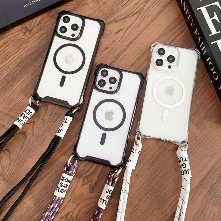 Magnetic Strap Case for iPhone 15, 14, 13, 12, 11 Pro Max models. This clear case offers a magnetic strap for easy crossbody carrying,