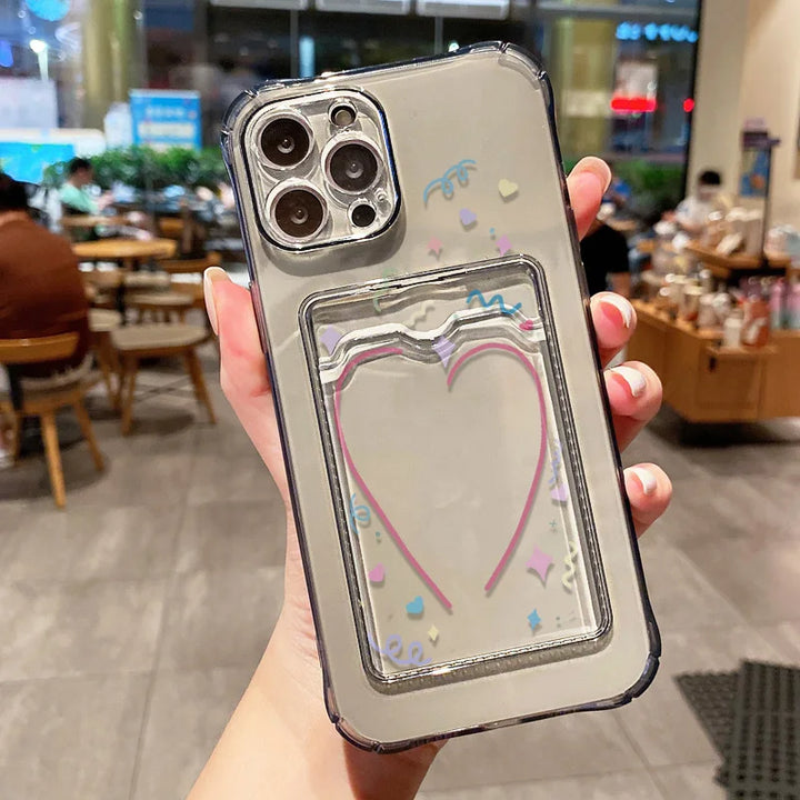 Transparent wallet card holder soft case for iPhone with card slots and shockproof protection.
