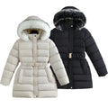 Beige and Black puffer jacket with fur-lined hood on a white background