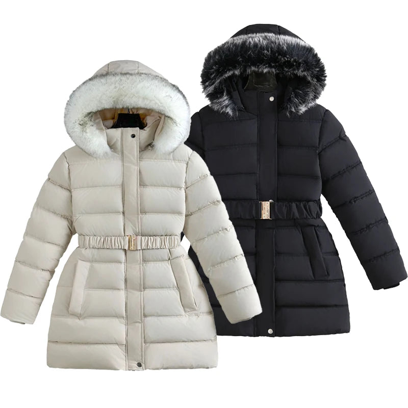 Beige and Black puffer jacket with fur-lined hood on a white background