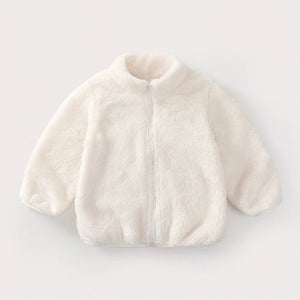 White fleece jacket on a light gray background