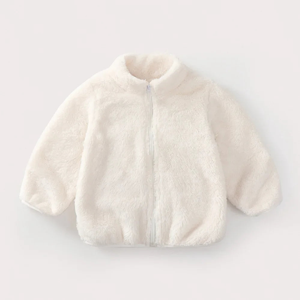 White fleece jacket on a light gray background
