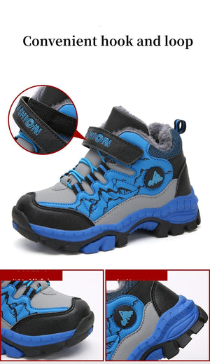 Children's blue and gray boots with a close-up of the hook and loop closure.