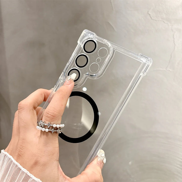 Transparent Armour Magnetic Case with reinforced corners, shockproof design, and wireless charging support for Samsung S25, S24, S23, S22, S21.