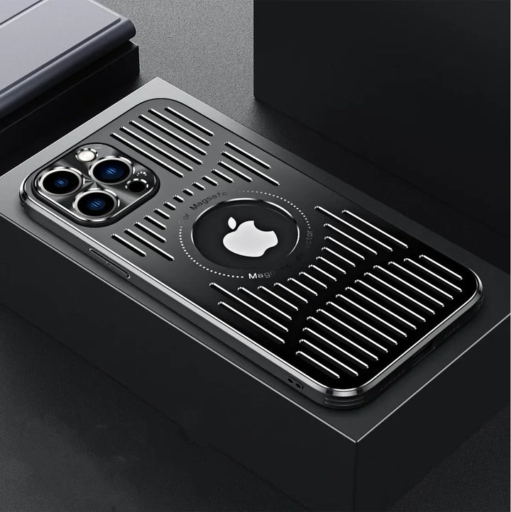 Fashion Metal Heat Dissipation Magnetic MagSafe Case for iPhone 16/15/14/13/12 Pro Max with Logo Hole & Wireless Charging