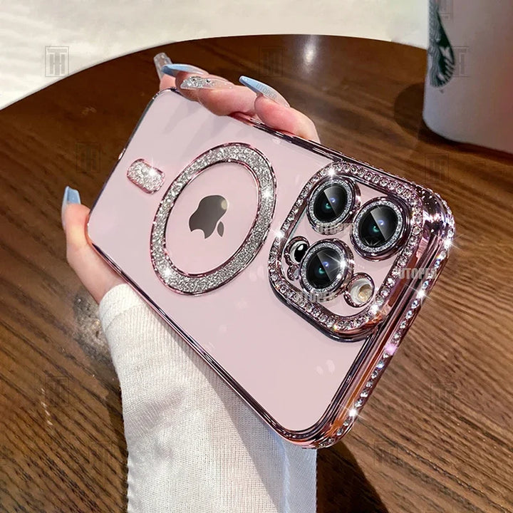 MagSafe Glitter Rhinestone Case for iPhone 16 15 14 13 12 11 Pro Max – Bling & Transparent Design with Wireless Charging