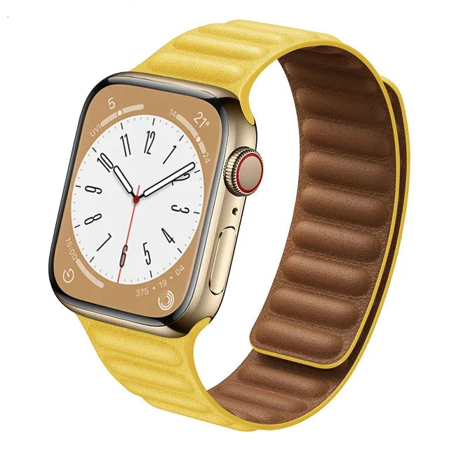 Stylish genuine leather Apple Watch band with magnetic loop closure, available in multiple colors.