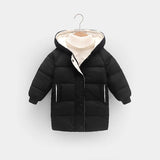 Black puffer jacket with a cream-colored hood on a white background