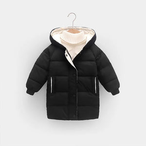 Black puffer jacket with a cream-colored hood on a white background