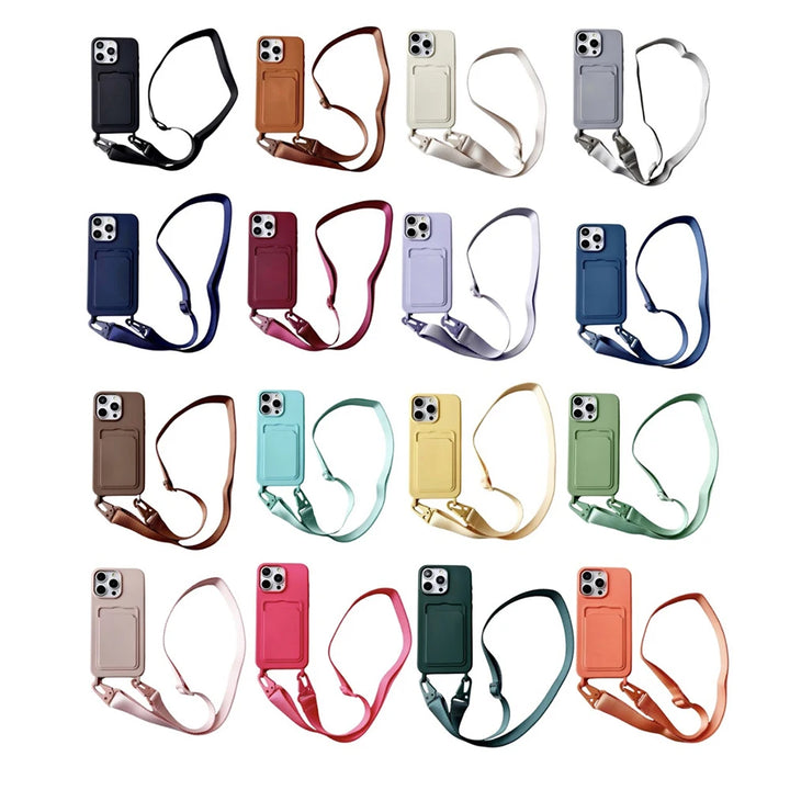Crossbody Lanyard Necklace Rope Wallet Silicone Case For iPhone 16 15 Plus 14 13 12 11 Pro Max Slot Card Holder Plain Back Cover