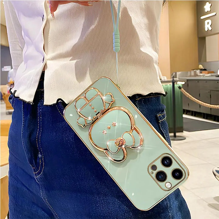 Mirror Rabbit Strap Plating Case for iPhone 14 13 12 11 Pro Max - Glossy, Anti-Scratch, Dustproof with Lanyard