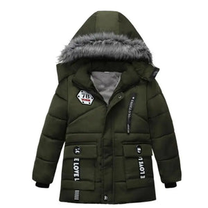 Green winter jacket with fur-lined hood on a white background