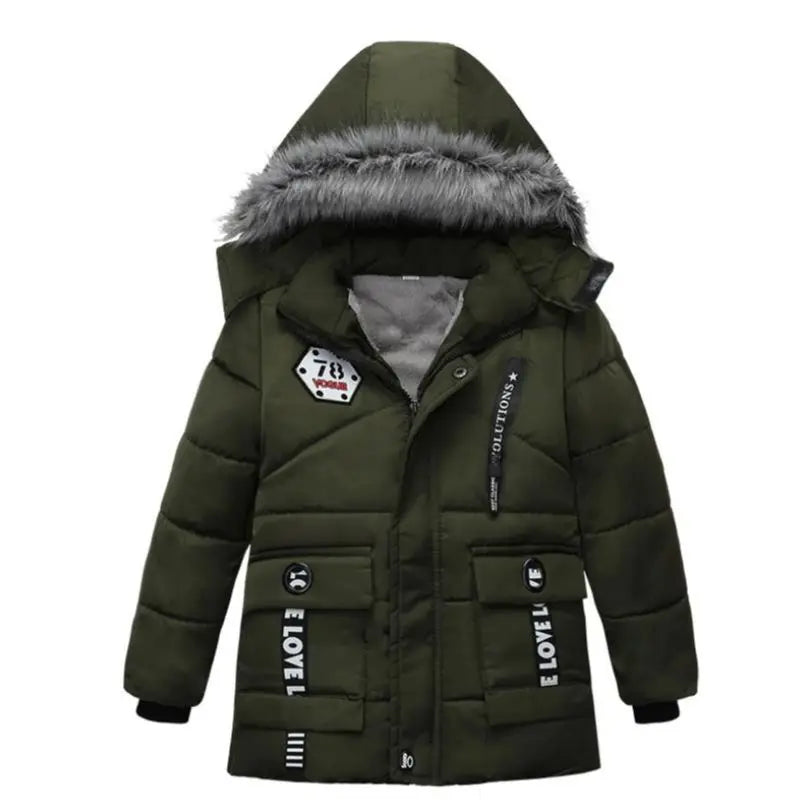 Green winter jacket with fur-lined hood on a white background
