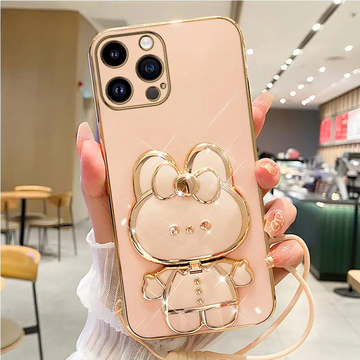 Mirror Rabbit Strap Plating Case for iPhone 14 13 12 11 Pro Max - Glossy, Anti-Scratch, Dustproof with Lanyard