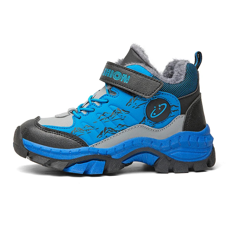 Blue and gray children's winter boot with visible brand name on a white background