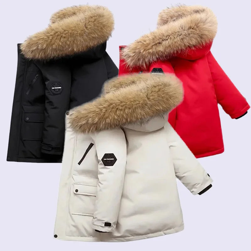 Three winter jackets with fur hoods in black, white, and red on a light gray background.
