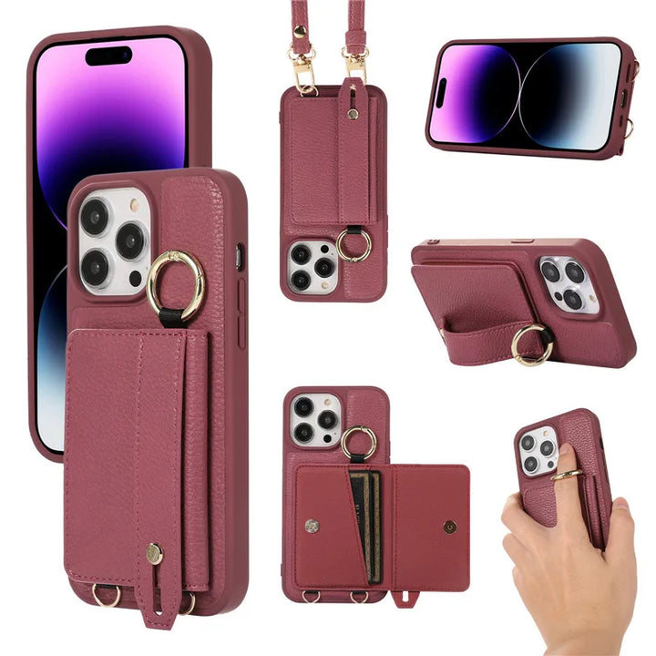 Luxury Leather Wallet Case with Lanyard, Ring Holder, and Flip Stand for iPhone 15/14/13/12/11