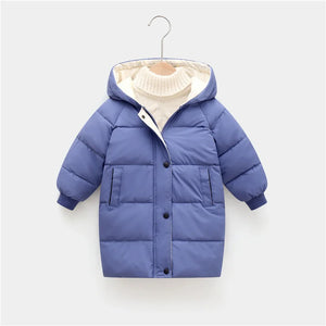 Blue children's puffer jacket on a hanger against a white background
