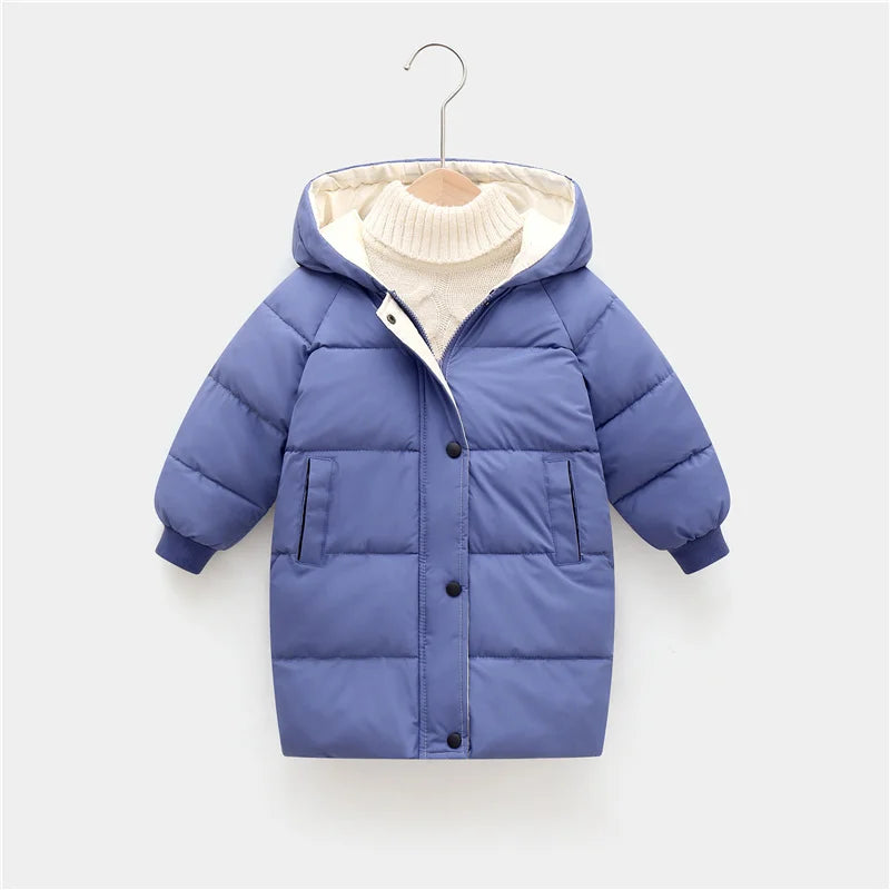Blue children's puffer jacket on a hanger against a white background